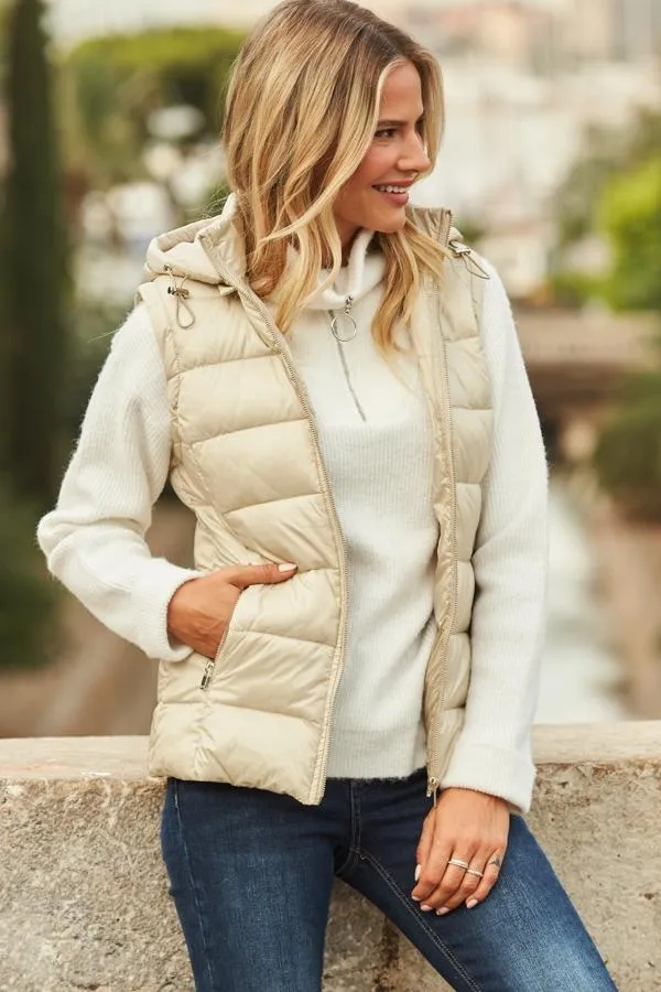 Sosandar Jackets and Coats Women Stone Hooded Padded Gilet With Zip Pockets