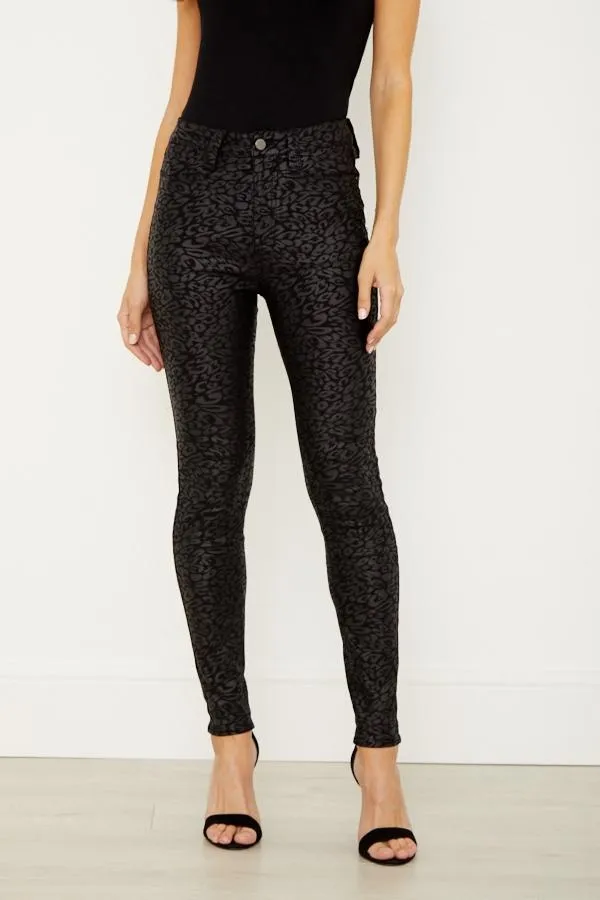 Sosandar Jeans and Jeggings Women Black Textured Leopard Print Coated Skinny Jeans Black