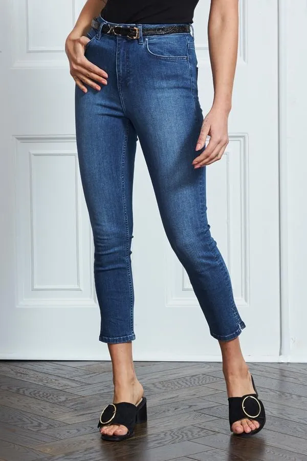 Sosandar Jeans and Jeggings Women Mid Blue Cropped Skinny Jeans Mid Blue