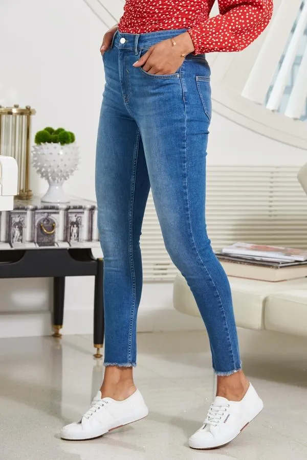 Sosandar Jeans and Jeggings Women Mid Blue Raw Hem Perfect Skinny Jeans Mid Blue