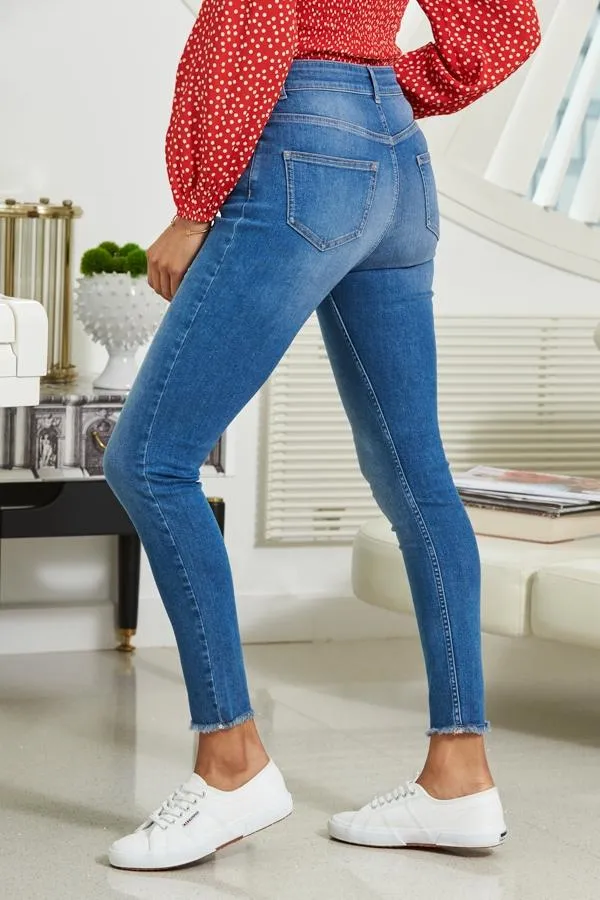 Sosandar Jeans and Jeggings Women Mid Blue Raw Hem Perfect Skinny Jeans Mid Blue