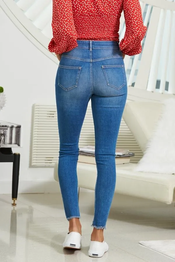 Sosandar Jeans and Jeggings Women Mid Blue Raw Hem Perfect Skinny Jeans Mid Blue