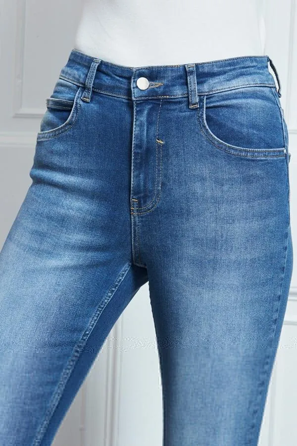 Sosandar Jeans and Jeggings Women Mid Blue Raw Hem Perfect Skinny Jeans Mid Blue