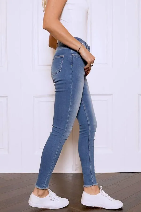 Sosandar Jeans and Jeggings Women Mid Blue Raw Hem Perfect Skinny Jeans Mid Blue
