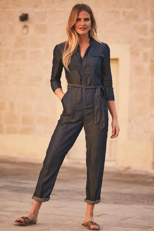 Sosandar Jumpsuits and Playsuits Women Dark Indigo Tie Waist Tencel Denim Jumpsuit Dark Indigo