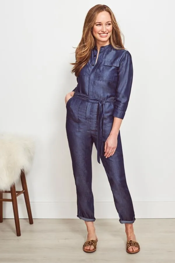 Sosandar Jumpsuits and Playsuits Women Dark Indigo Tie Waist Tencel Denim Jumpsuit Dark Indigo