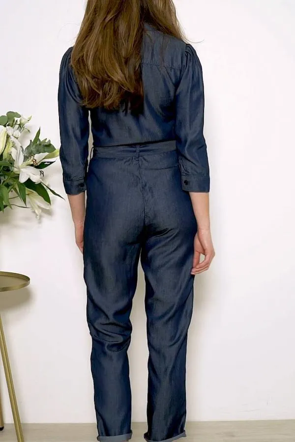 Sosandar Jumpsuits and Playsuits Women Dark Indigo Tie Waist Tencel Denim Jumpsuit Dark Indigo