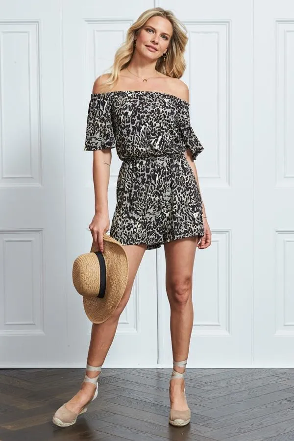 Sosandar Jumpsuits and Playsuits Women Leopard Print Bardot Jersey Playsuit