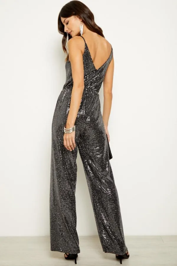 Sosandar Jumpsuits and Playsuits Women Pewter Metallic Wrap Front Stretch Waist Jumpsuit