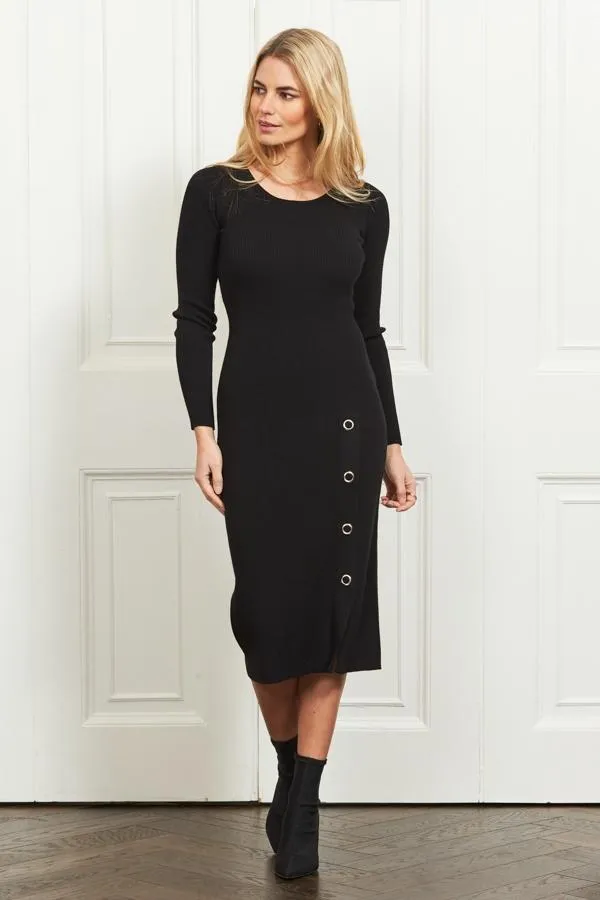 Sosandar Knitwear Women Black Eyelet Detail Knitted Midi Dress Black