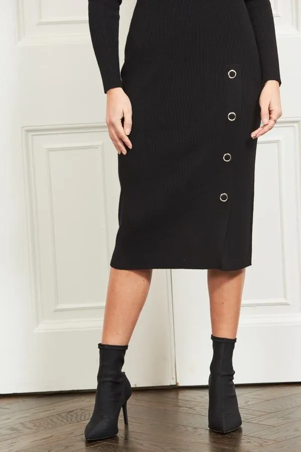 Sosandar Knitwear Women Black Eyelet Detail Knitted Midi Dress Black