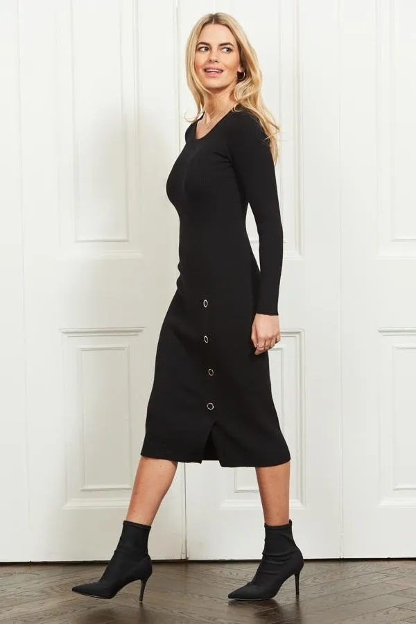 Sosandar Knitwear Women Black Eyelet Detail Knitted Midi Dress Black