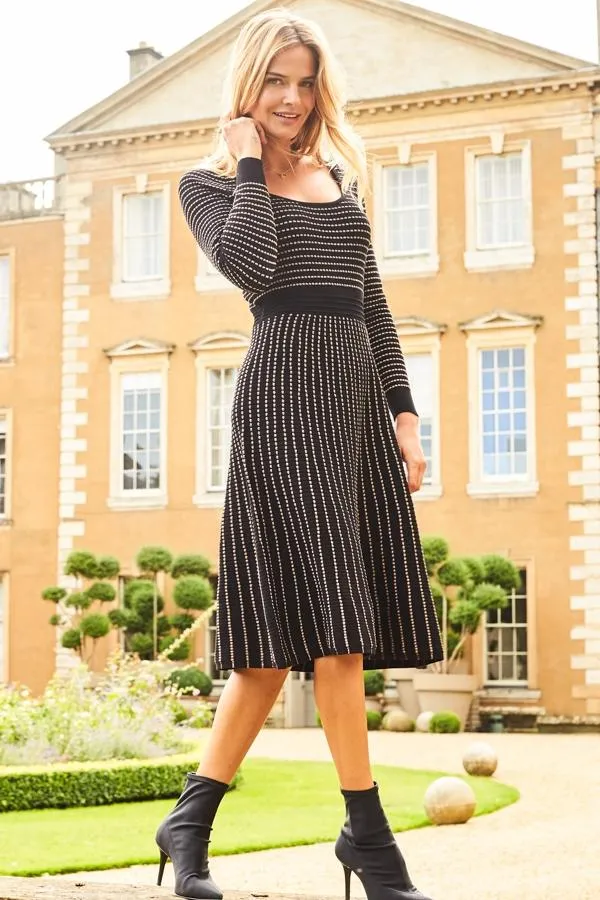 Sosandar Knitwear Women Black Metallic Stripe Fit and Flare Knitted Dress Black