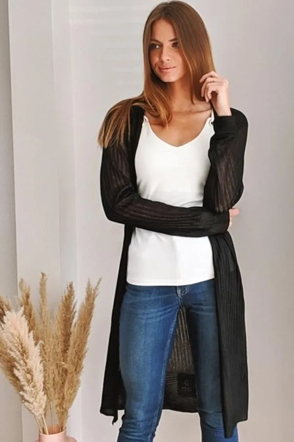 Sosandar Knitwear Women Black Super Soft Ribbed Maxi Cardigan Black