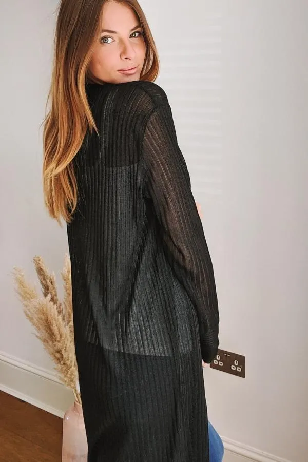 Sosandar Knitwear Women Black Super Soft Ribbed Maxi Cardigan Black