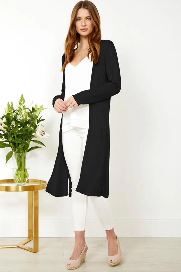 Sosandar Knitwear Women Black Super Soft Ribbed Maxi Cardigan Black