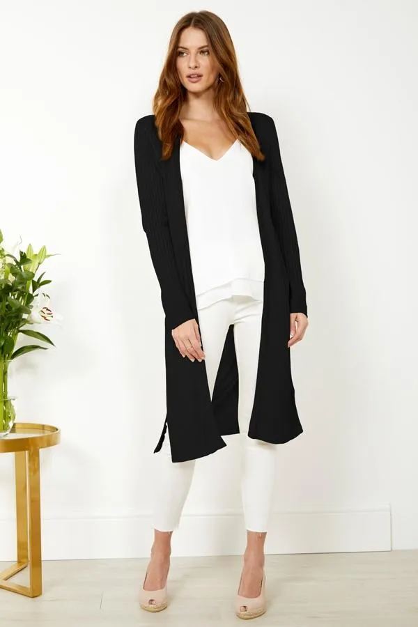 Sosandar Knitwear Women Black Super Soft Ribbed Maxi Cardigan Black