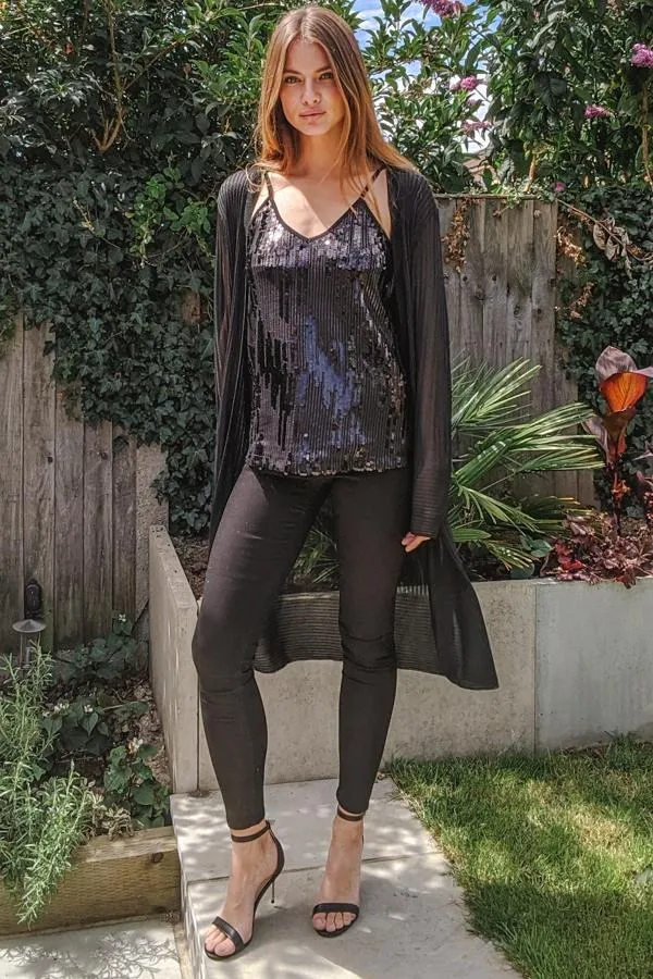 Sosandar Knitwear Women Black Super Soft Ribbed Maxi Cardigan Black