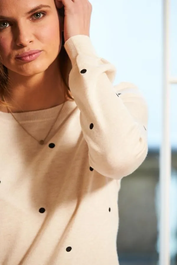 Sosandar Knitwear Women Cream and Black Polka Dot Print Jumper Cream Black