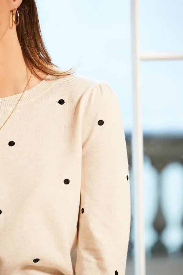Sosandar Knitwear Women Cream and Black Polka Dot Print Jumper Cream Black