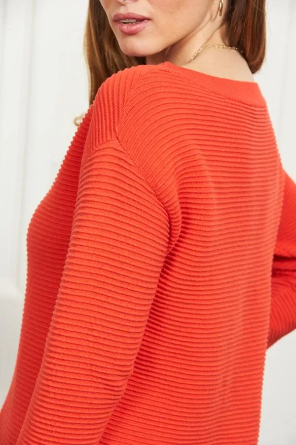 Sosandar Knitwear Women Deep Coral Ribbed Side Split Longline Jumper