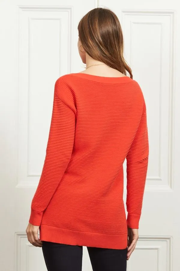 Sosandar Knitwear Women Deep Coral Ribbed Side Split Longline Jumper