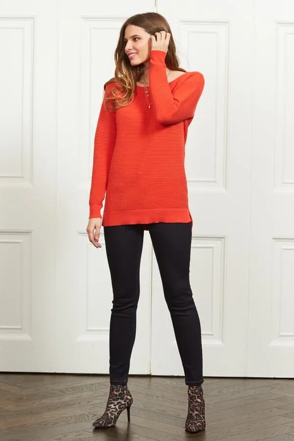Sosandar Knitwear Women Deep Coral Ribbed Side Split Longline Jumper