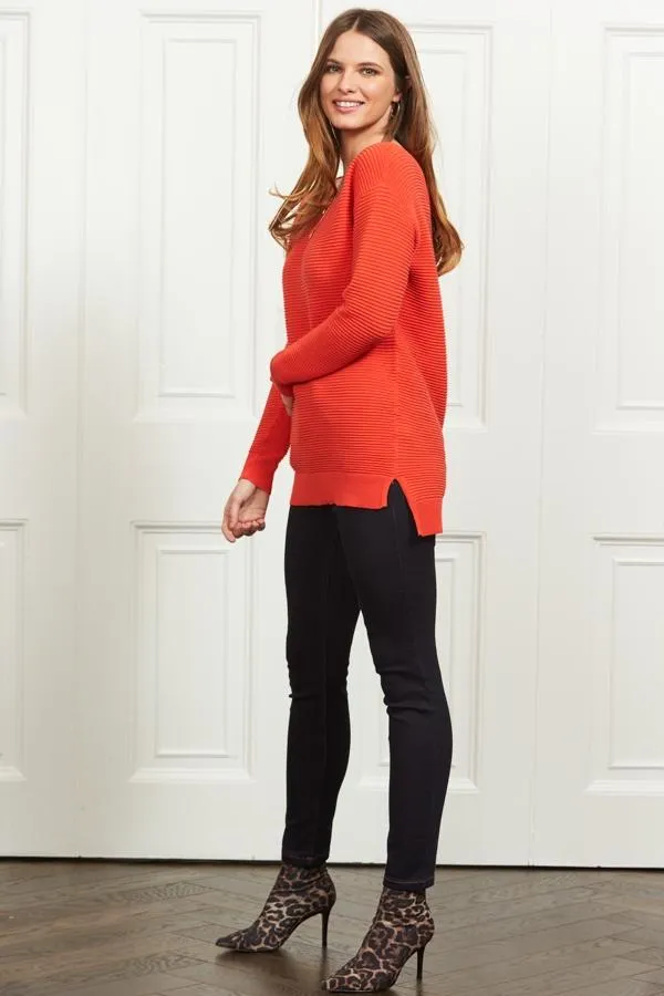 Sosandar Knitwear Women Deep Coral Ribbed Side Split Longline Jumper