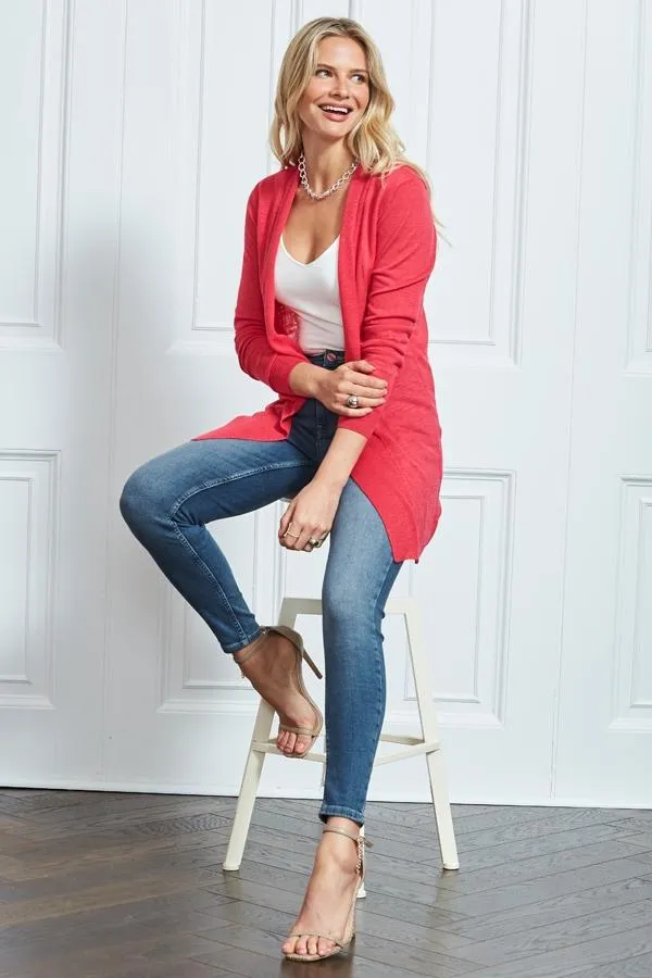 Sosandar Knitwear Women Hot Pink Longline Linen Cardigan