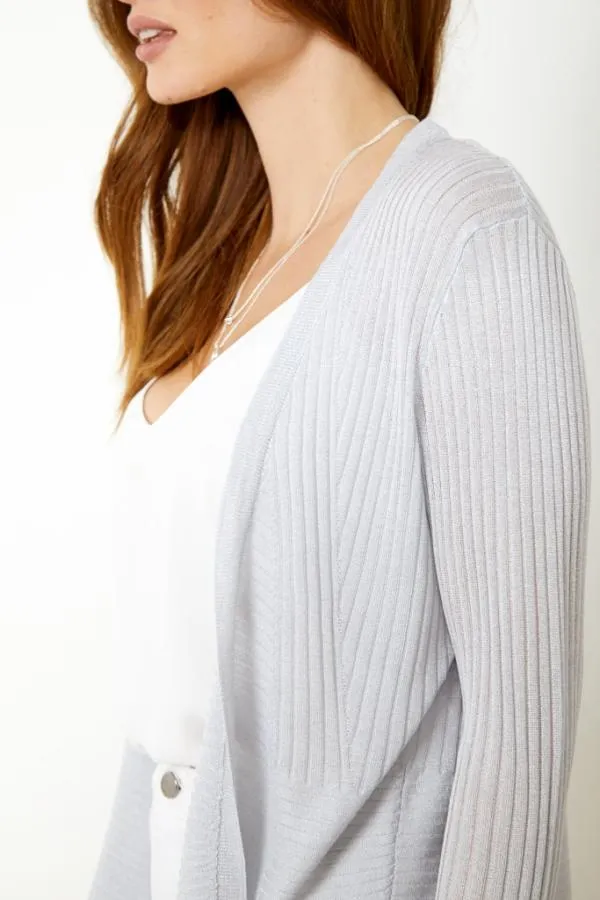 Sosandar Knitwear Women Silver Super Soft Fine Knit Ribbed Cardigan Silver