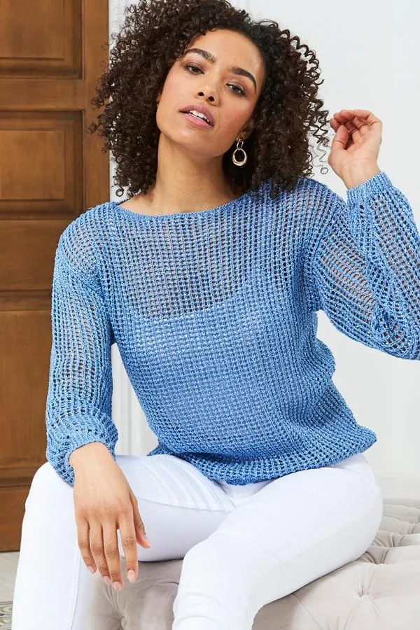Sosandar Knitwear Women Sky Blue Metallic Open Knit Jumper Sky Blue