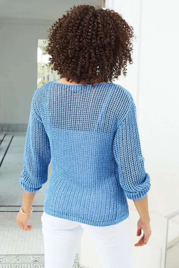 Sosandar Knitwear Women Sky Blue Metallic Open Knit Jumper Sky Blue