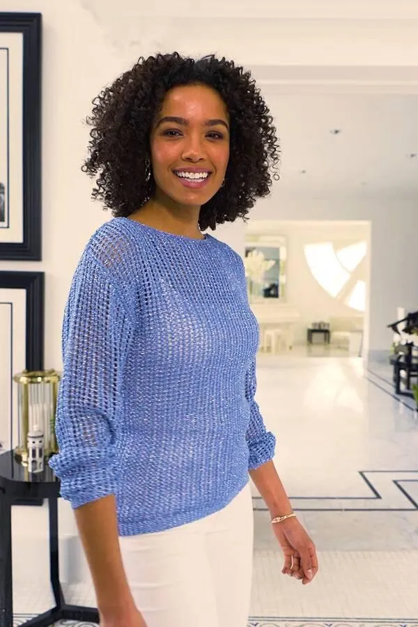 Sosandar Knitwear Women Sky Blue Metallic Open Knit Jumper Sky Blue