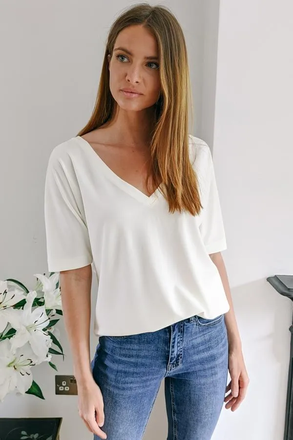 Sosandar Leisurewear Women Ivory Soft Luxe Jersey V Neck Top Ivory