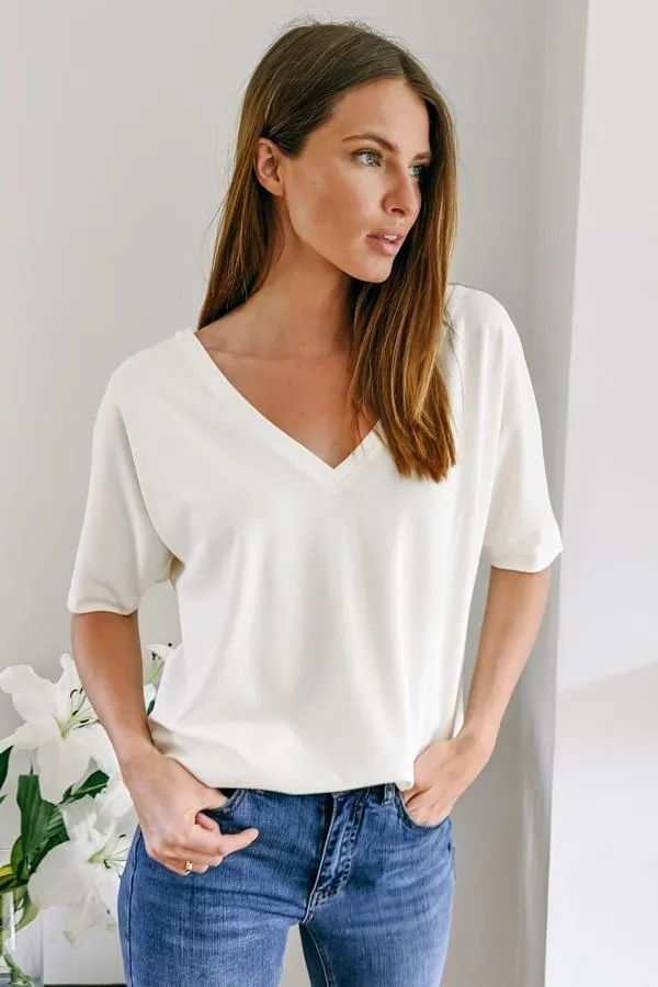 Sosandar Leisurewear Women Ivory Soft Luxe Jersey V Neck Top Ivory