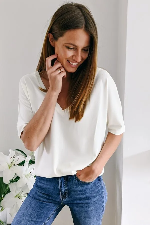 Sosandar Leisurewear Women Ivory Soft Luxe Jersey V Neck Top Ivory