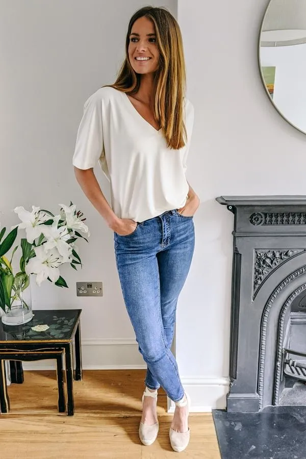 Sosandar Leisurewear Women Ivory Soft Luxe Jersey V Neck Top Ivory
