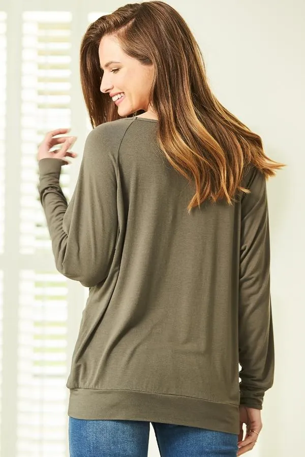 Sosandar Leisurewear Women Khaki Green Relaxed Fit Long Sleeve Top Khaki Green