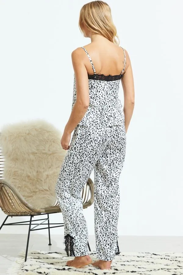Sosandar Nightwear Women White and Black Leopard Print Lace Trim Pyjama Cami White Black