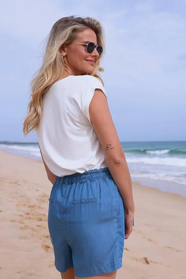 Sosandar Shorts Women Blue Tencel Tie Waist Denim Shorts With Pockets Blue
