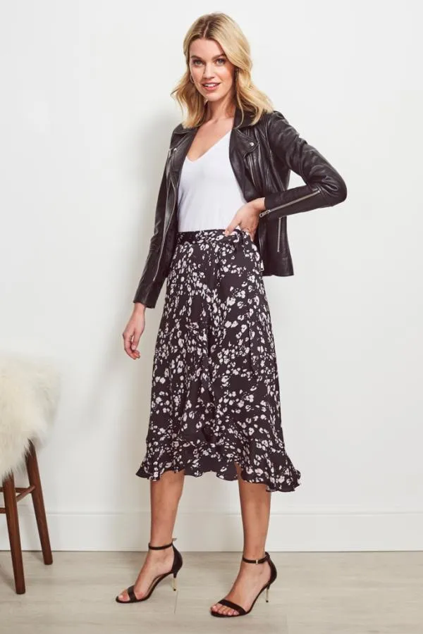 Sosandar Skirts Women Black Abstract Floral Print Wrap Skirt Black