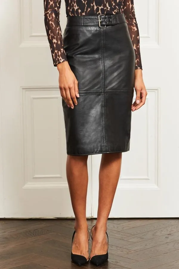 Sosandar Skirts Women Black Leather Buckle Detail Pencil Skirt Black