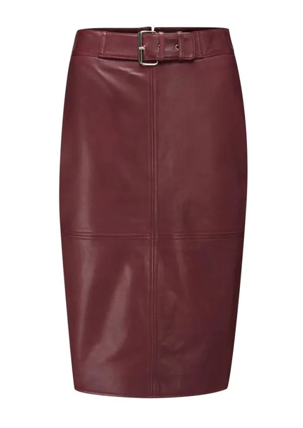 Sosandar Skirts Women Burgundy Leather Buckle Detail Pencil Skirt Burgundy