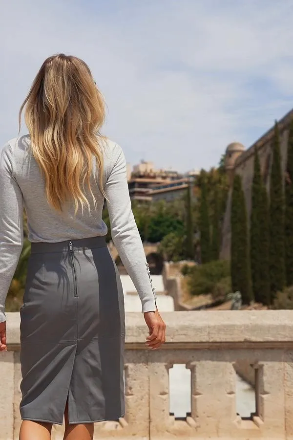 Sosandar Skirts Women Grey Leather Panelled Pencil Skirt Grey