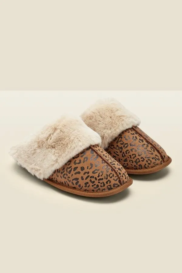Sosandar Slippers Women Leopard Print Suede Mule Slippers With Faux Fur Lining