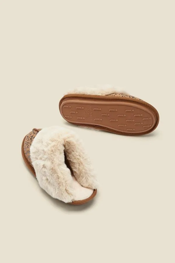 Sosandar Slippers Women Leopard Print Suede Mule Slippers With Faux Fur Lining