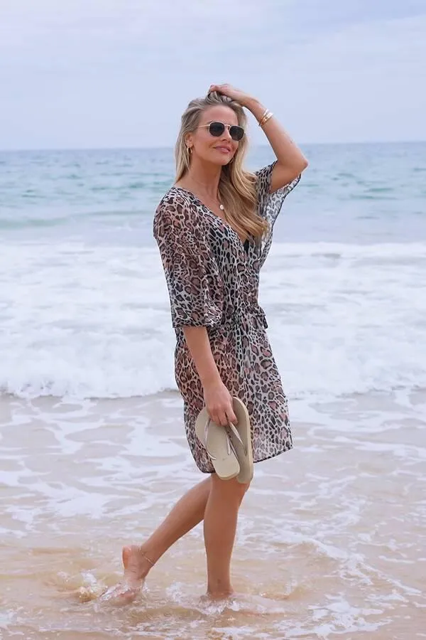Sosandar Swim and Beachwear Women Tan Leopard Print Tie Waist Kaftan Tan