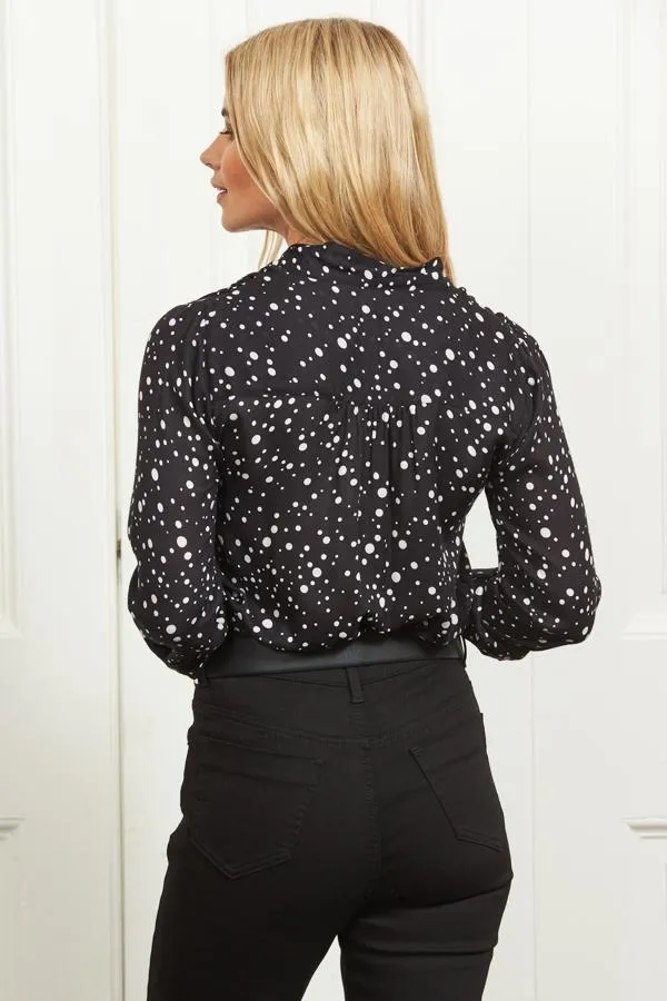Sosandar Tops Women Black and White Spot Print Tie Detail Blouse Black White