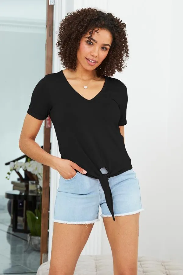 Sosandar Tops Women Black Premium Jersey Tie Front T Shirt Black