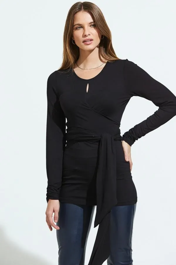 Sosandar Tops Women Black Wrap Tie Jersey Top Black
